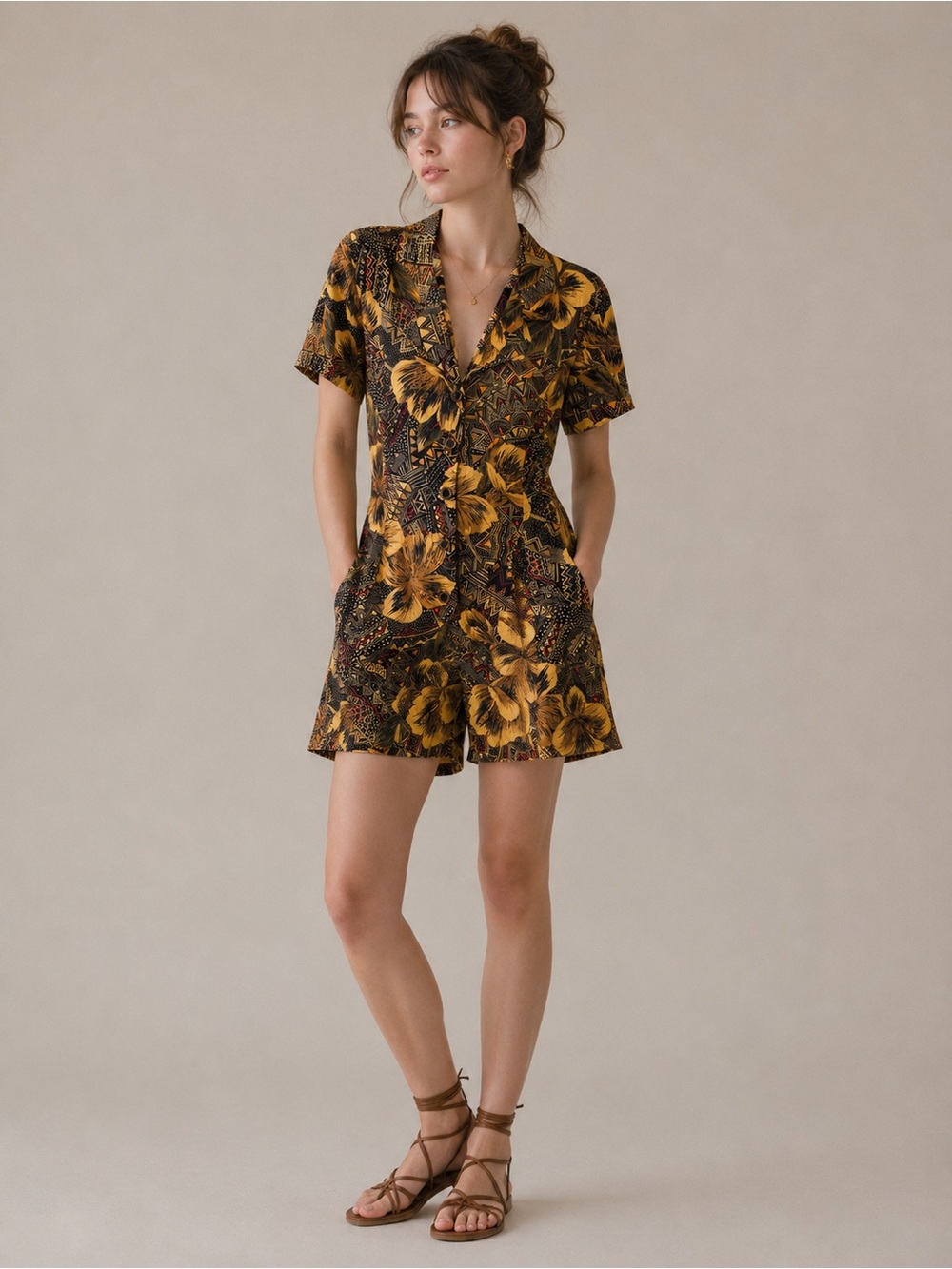 Vintage 90s dark Tropical Print Romper Boho Button Front Playsuit vacation - Picture 1 of 10